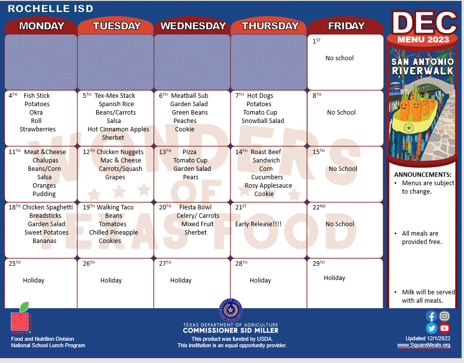Cafeteria Menu Rochelle ISD