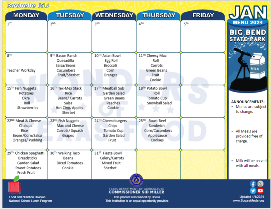 Cafeteria Menu Rochelle ISD