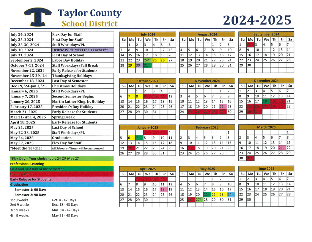 2024-2025 Taylor County School System Calendar | Taylor County High School