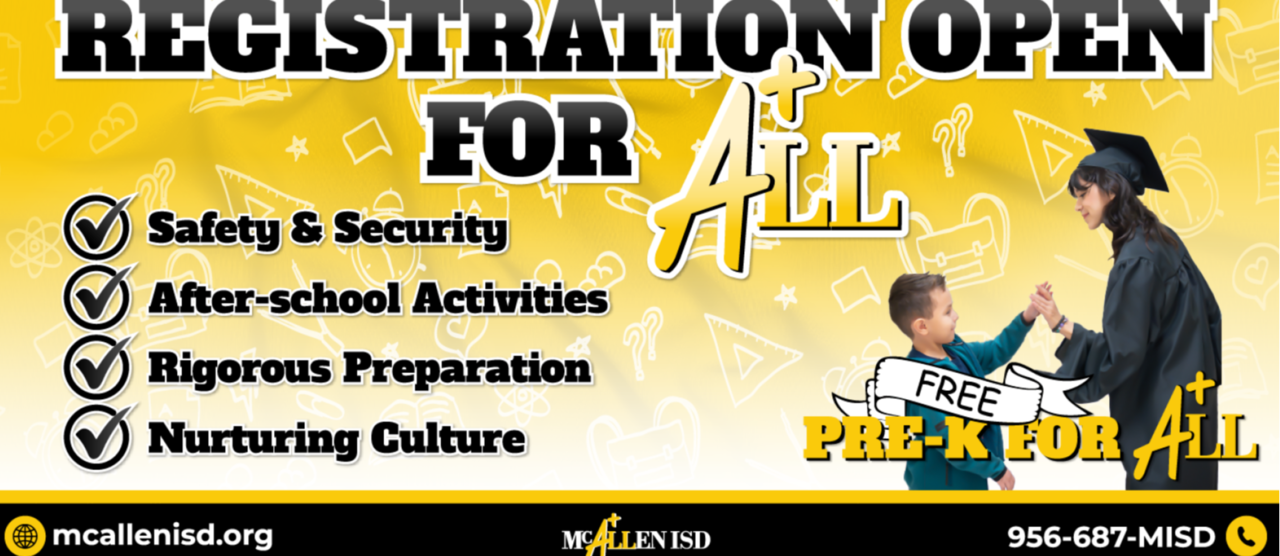Registration open for the 2026-2027 school year! Yellow Background with  call to action button. 