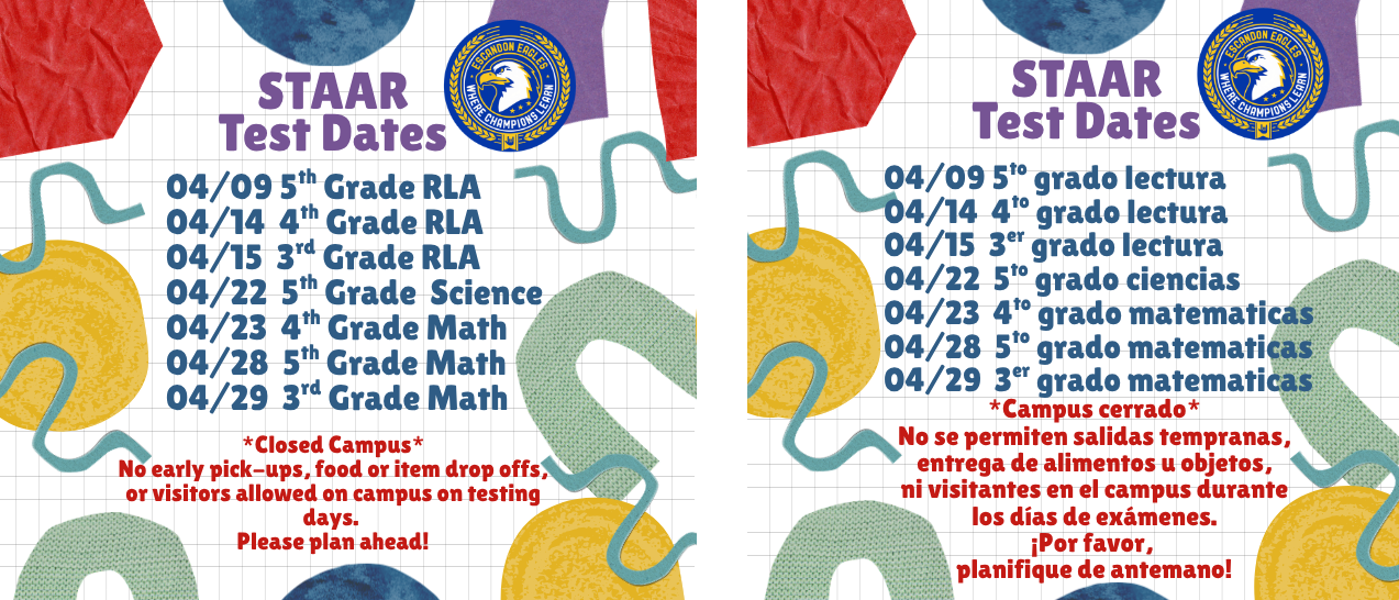 STAAR testing dates for the month of April