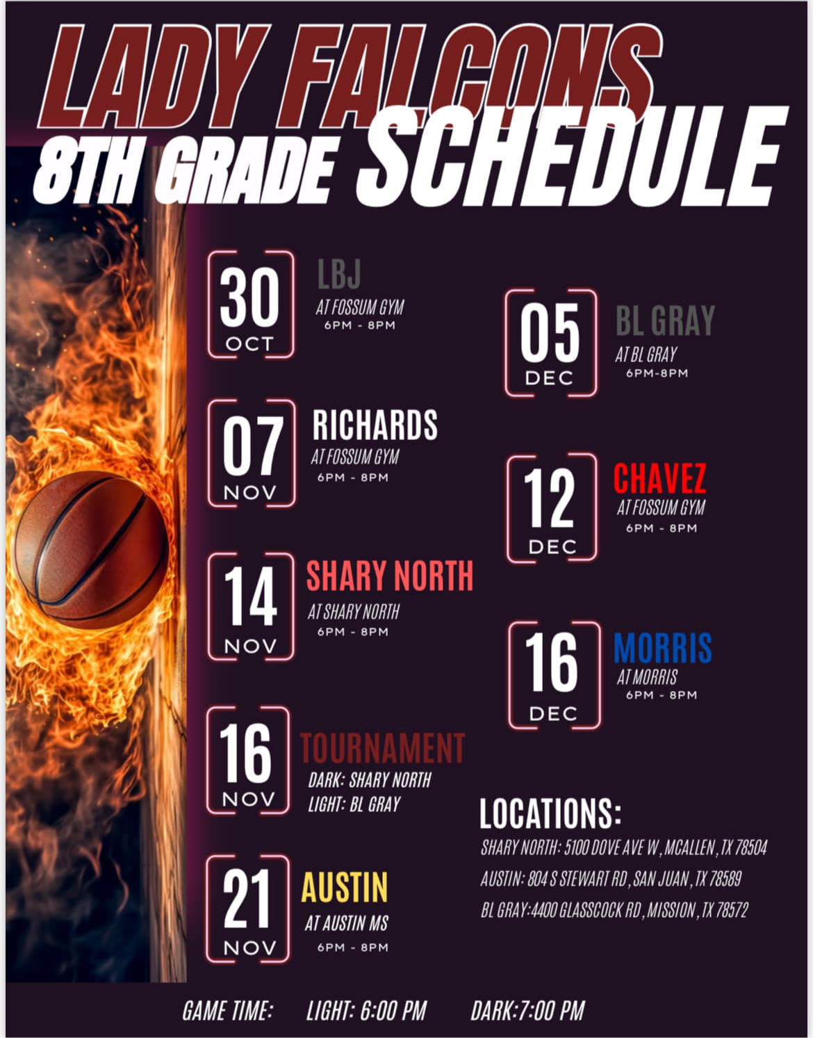 Lady Falcons 8th grade Basketball Schedule