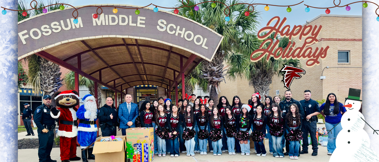 “Group of Fossum Middle School students, staff, police officers, and holiday characters standing under the school entrance canopy with ‘Happy Holidays’ text.”