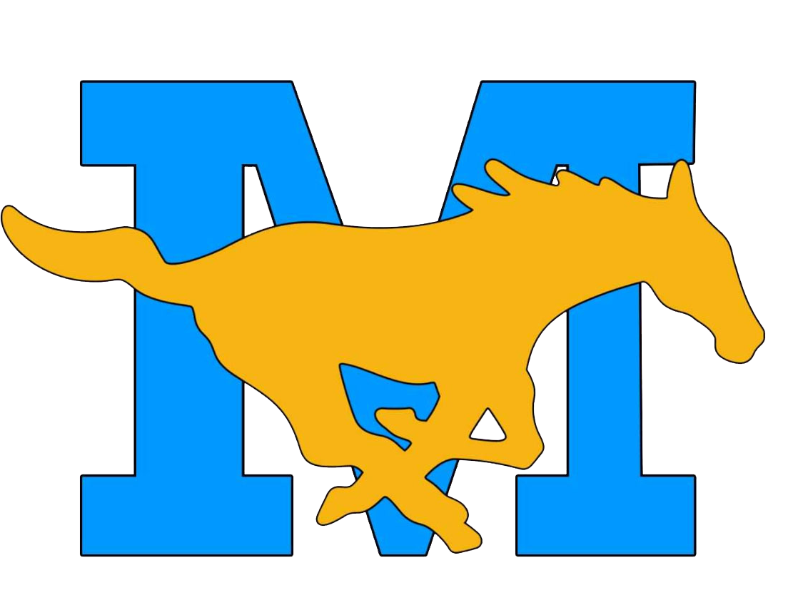 A blue M with a golden mustang over top.