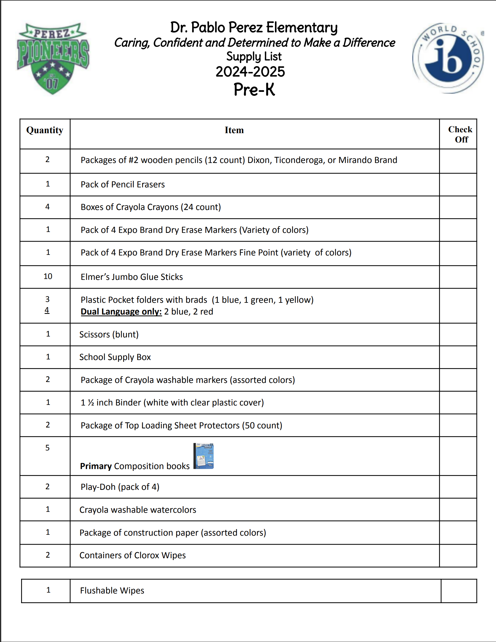 Pre-K Supplies List (2024-2025)