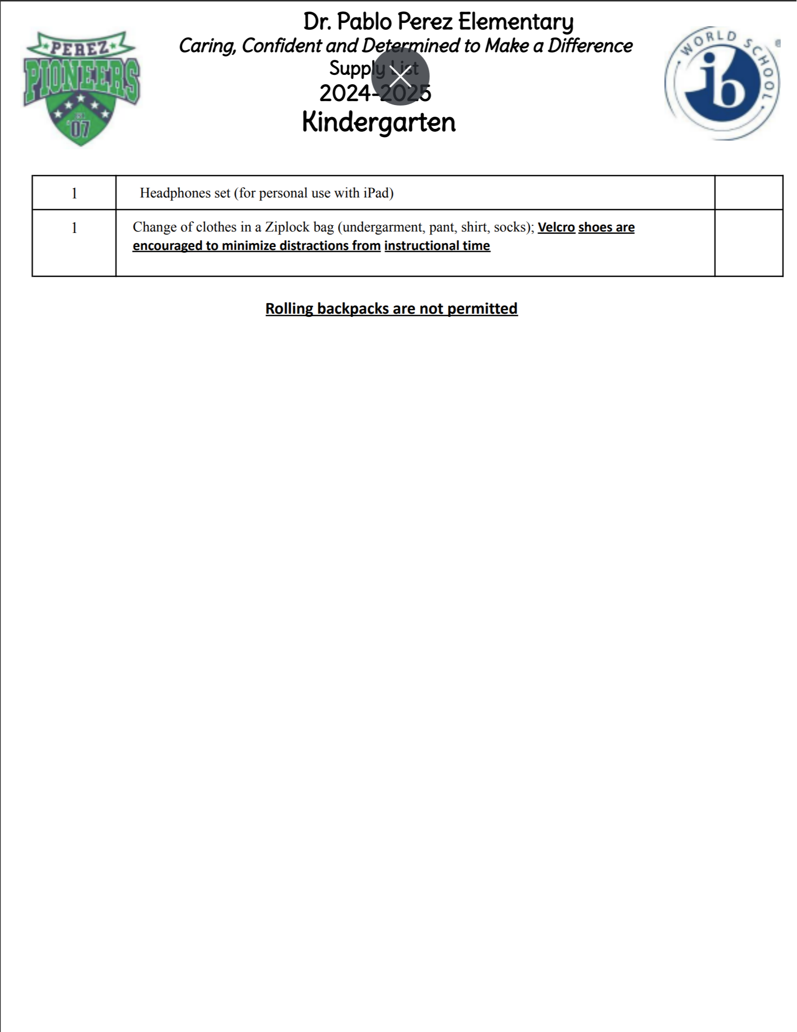 Kindergarten Grade Supplies List (2024-2025)