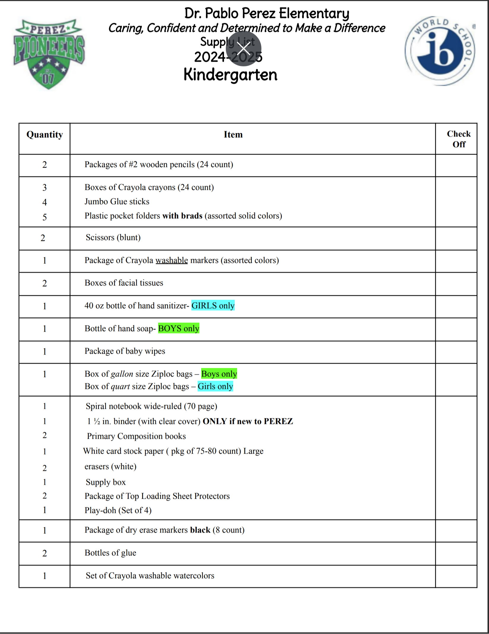 Kindergarten Supplies List (2024-2025)