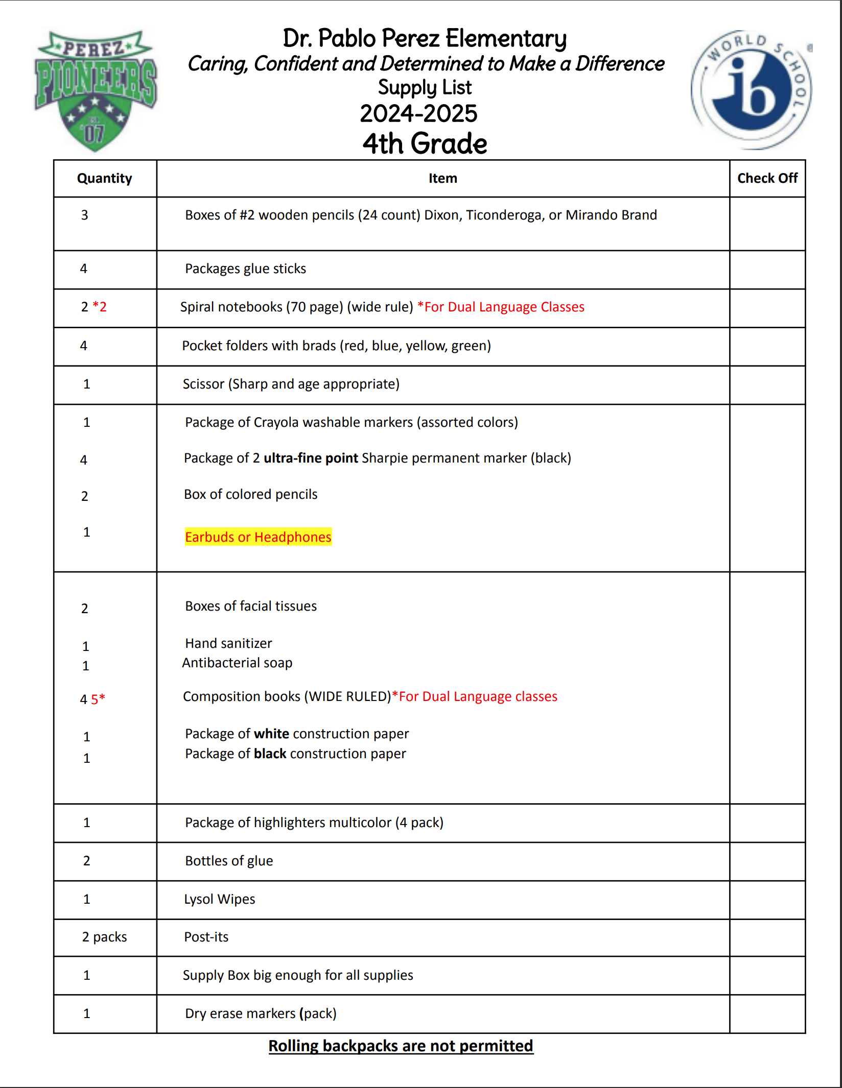 Fourth Grade Supplies List (2024-2025)