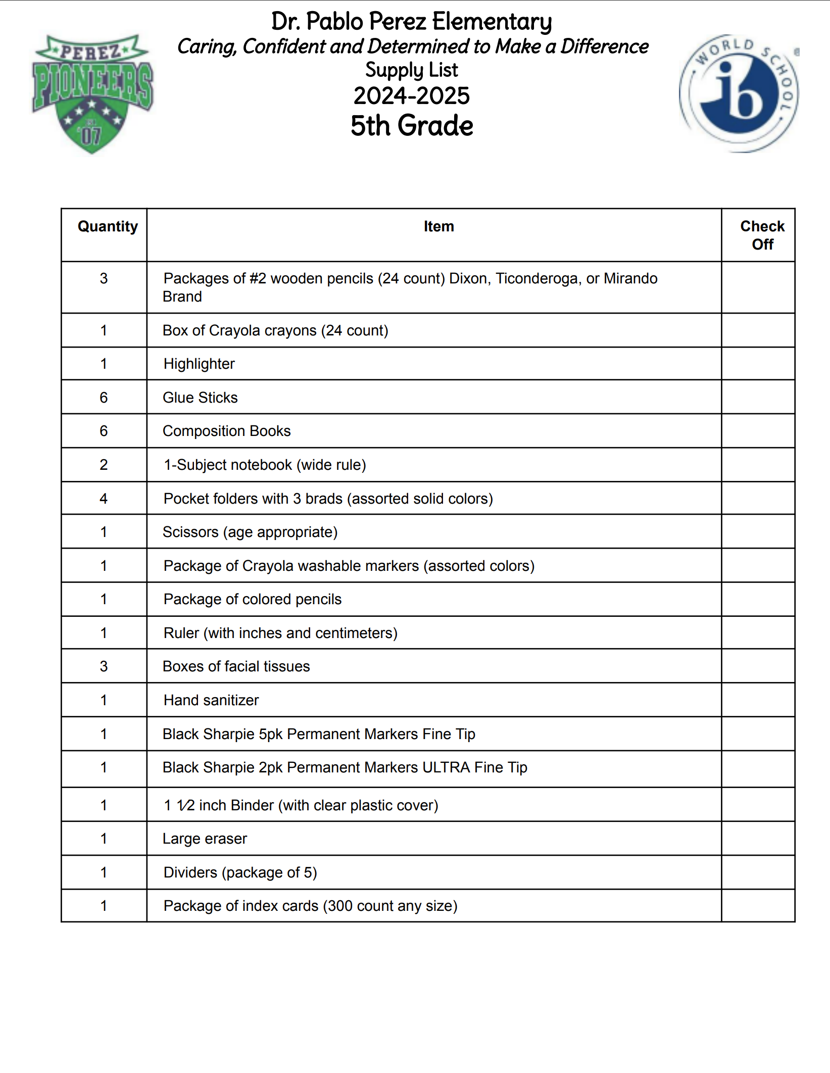 Fifth Grade Supplies List (2024-2025)