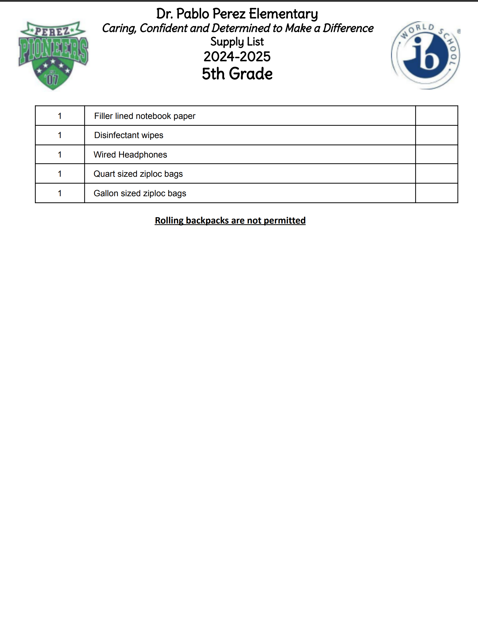 Fifth Grade Supplies List (2024-2025)