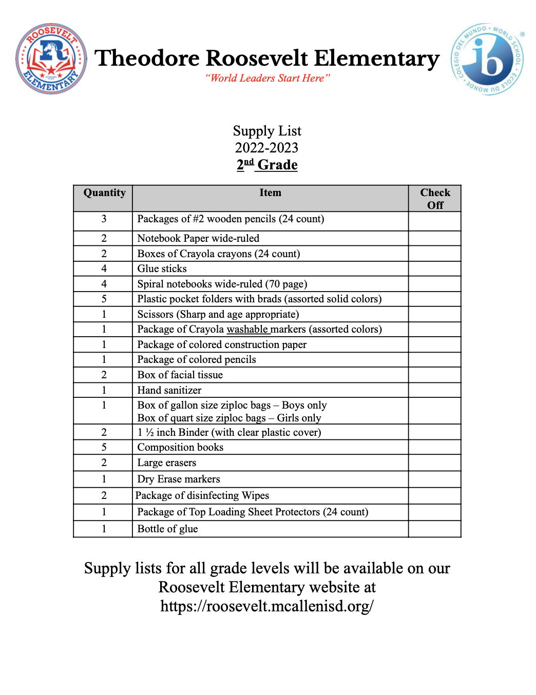 2nd grade supply list