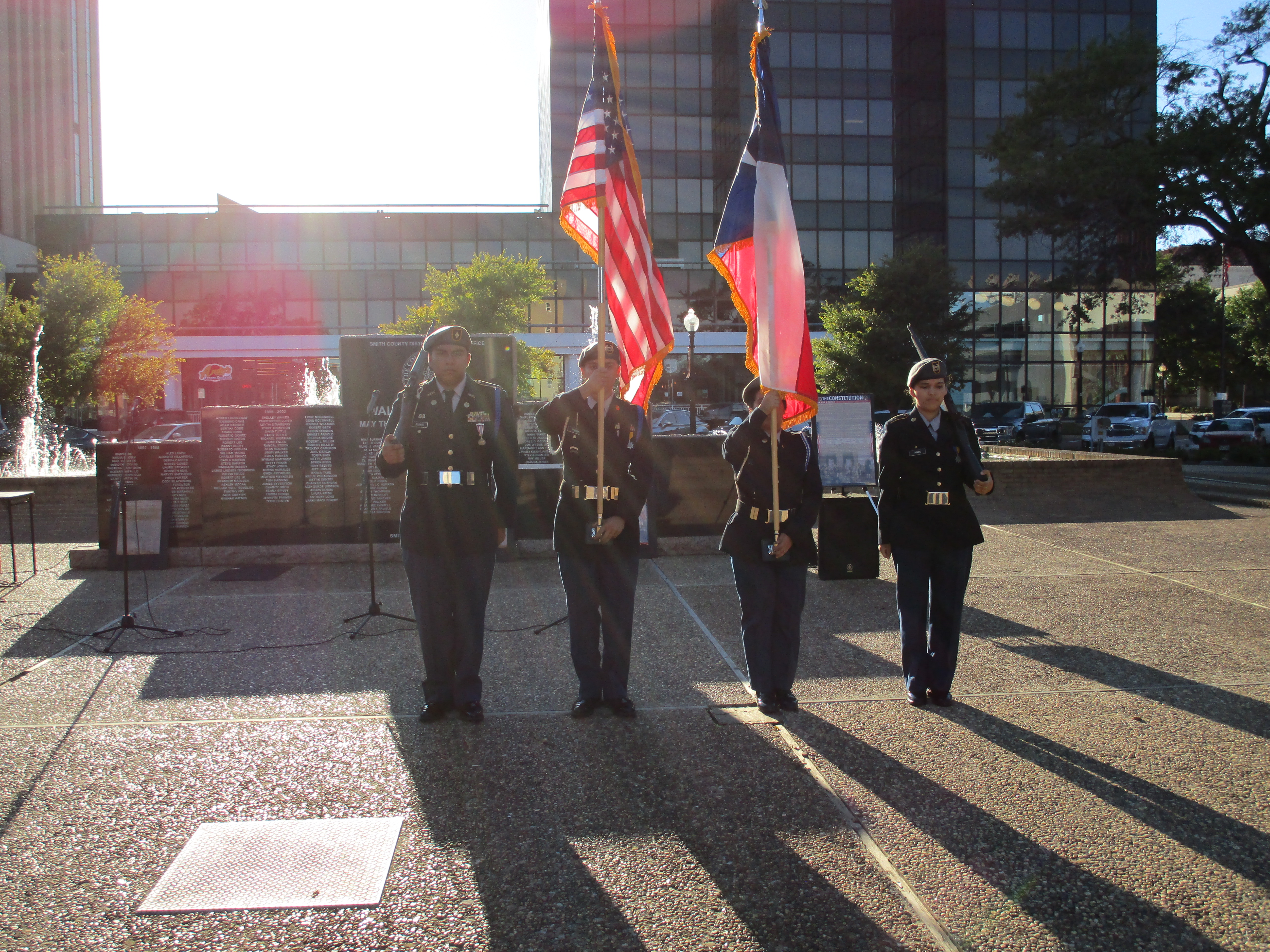 JROTC holding flags downtown