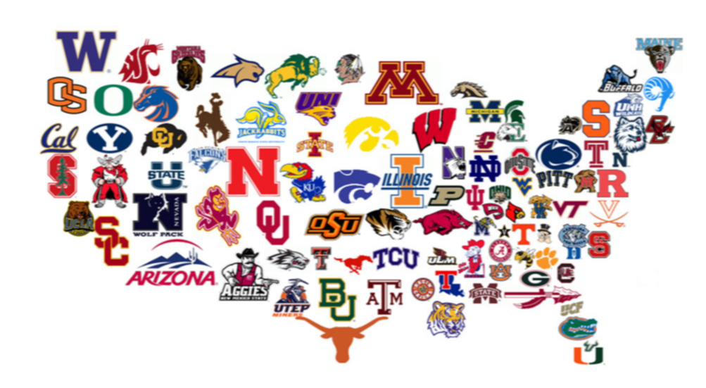 map of USA with college logos