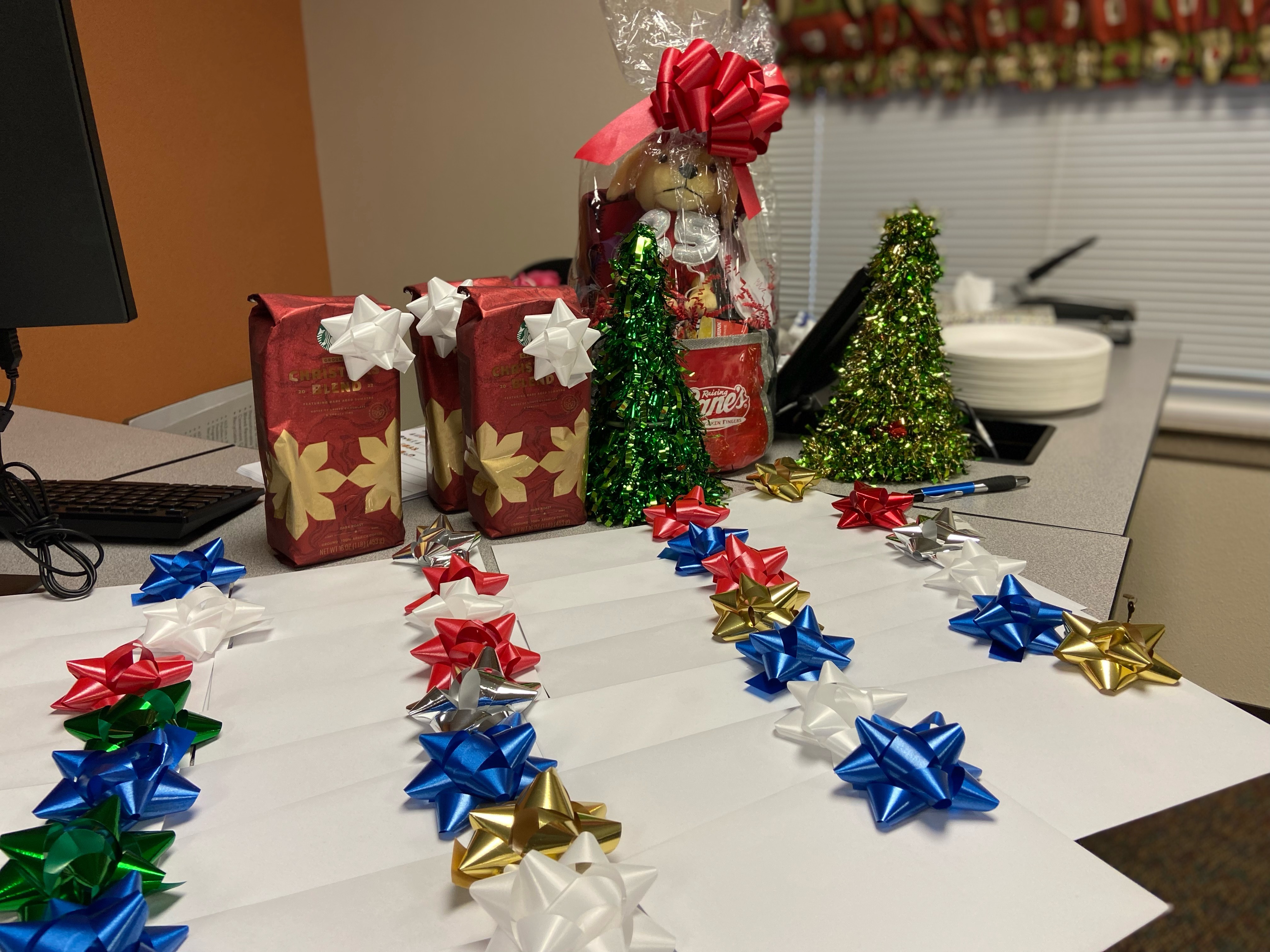 Christmas presents and bows on a table
