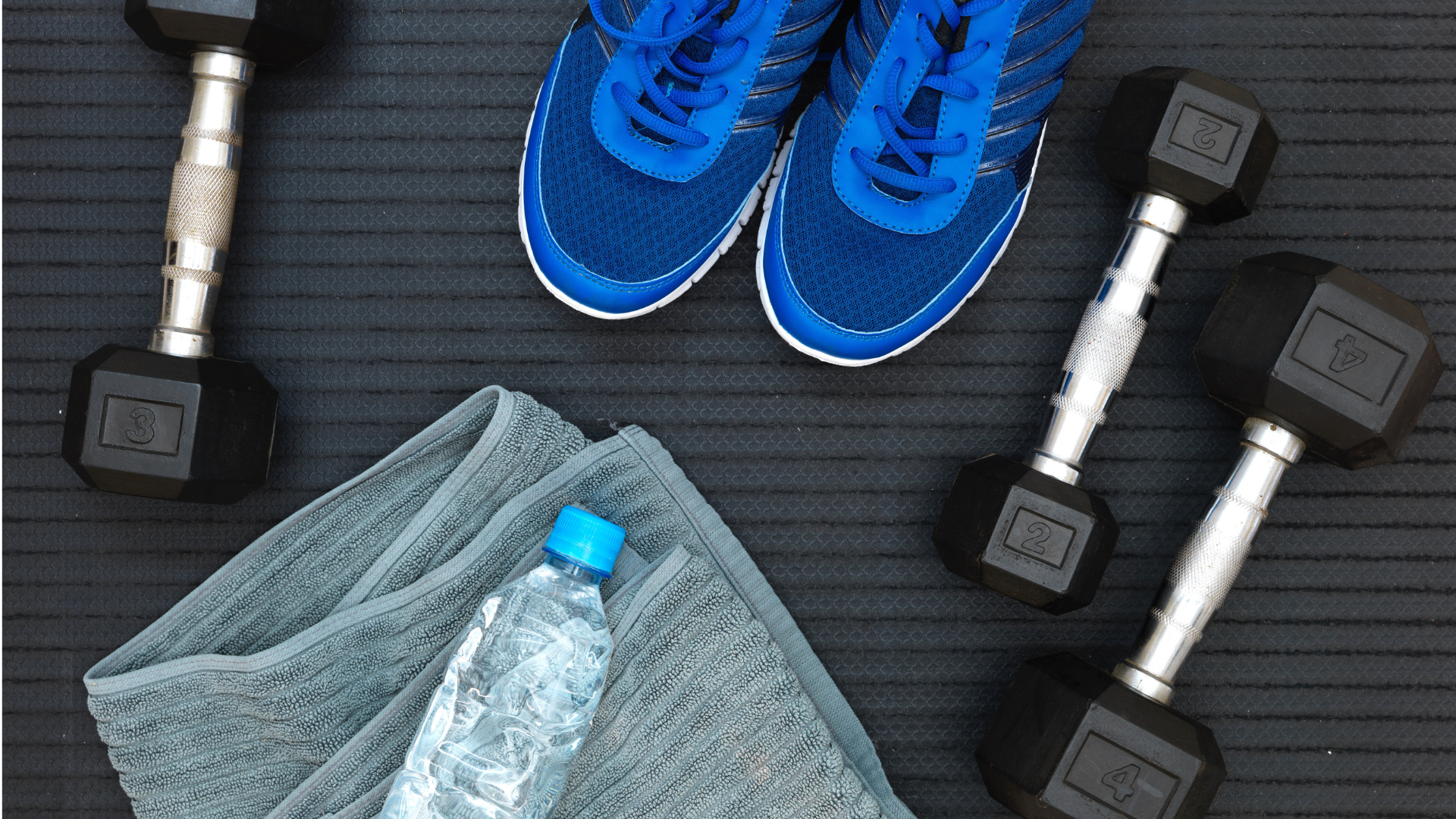 dumbbells, shoes, water bottle, exercise mat 