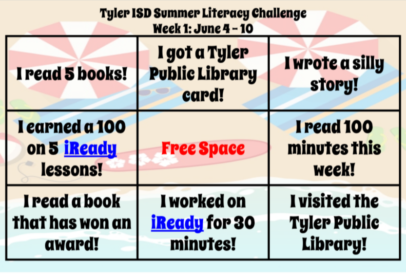 graphic of a bingo card with things to do over summer to continue reading