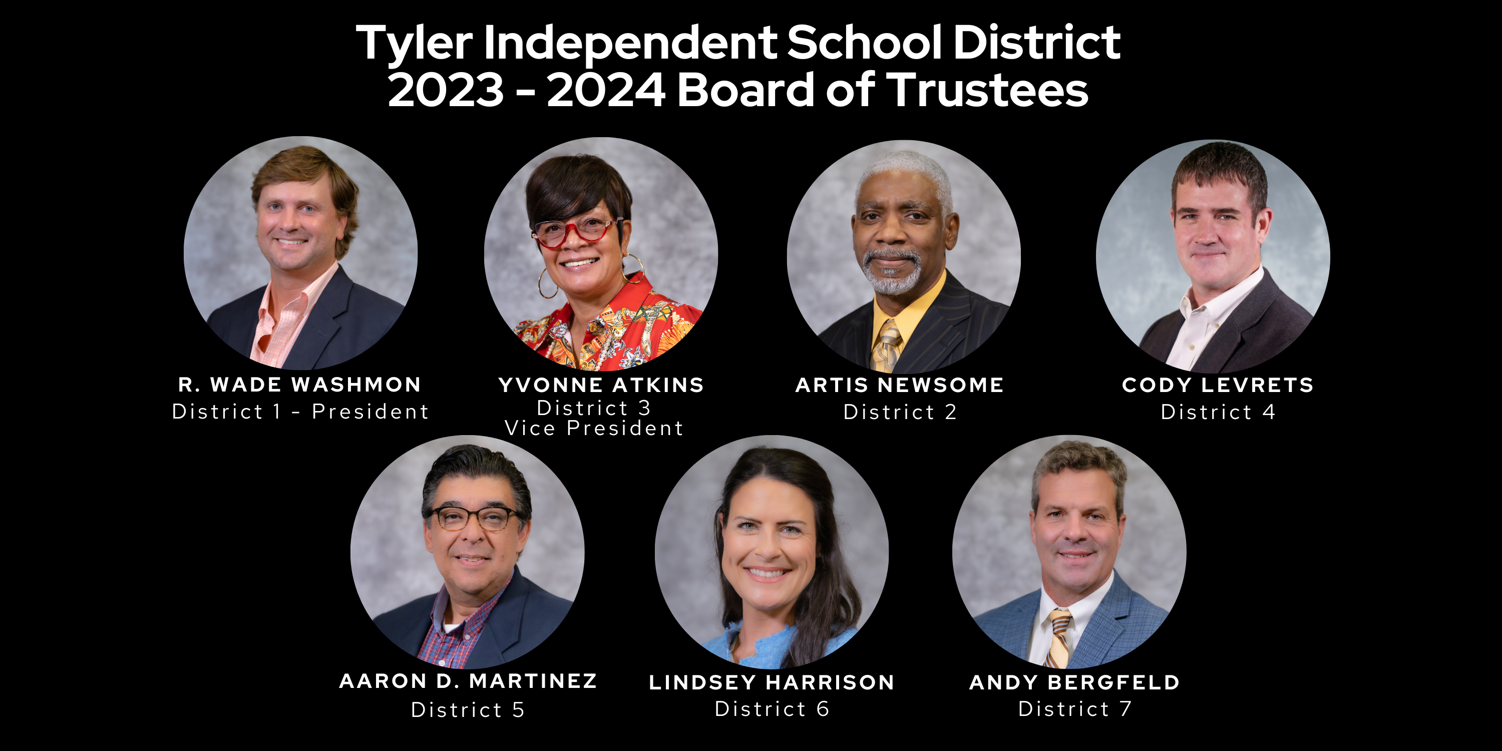 Tyler Independent School District 2021-2022 Board of Trustees. R. Wade Washmon District 1 - President, Aaron Martinez District 5 – Vice President, Artis Newsome District 2, Yvonne Atkins District 3, Dr. Patricia Nation District 4, Lindsey Harrison District 6,   Andy Bergfeld District 7