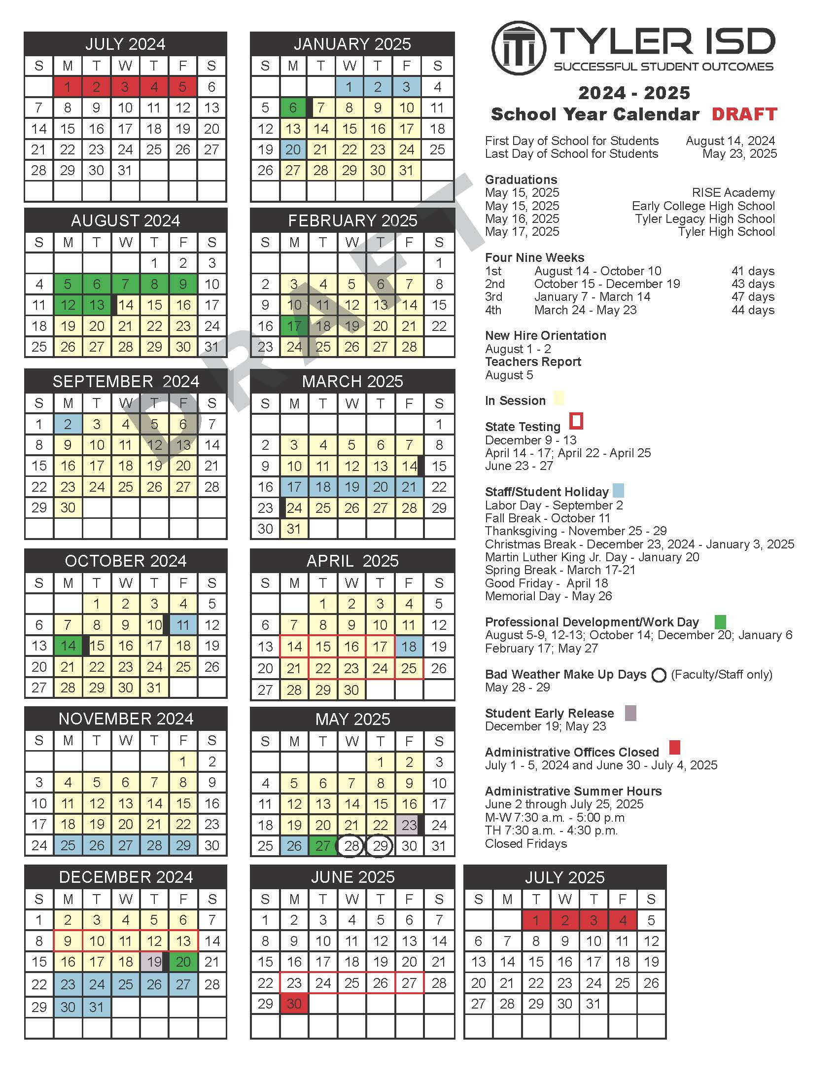 Tyler Independent School District Calendar 2024 and 2025