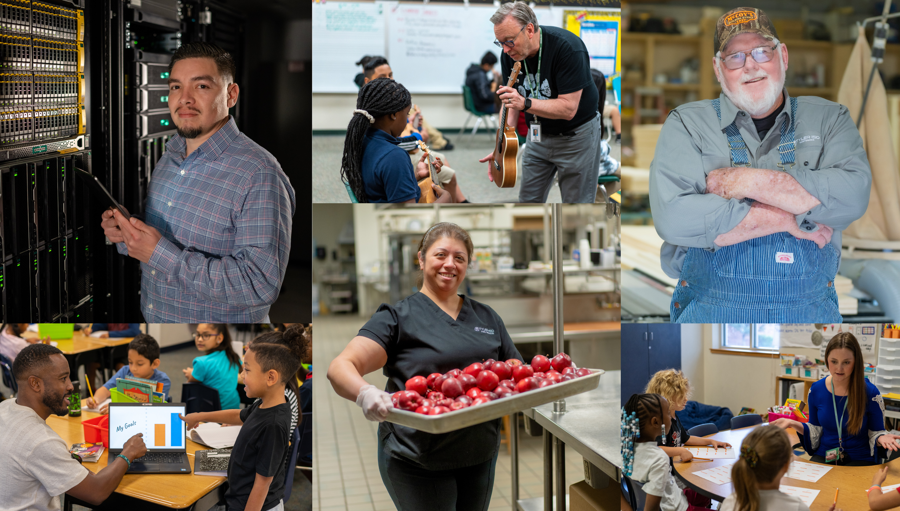 montage of photos - man standing next to network server, woman holding pan of red apples, teachers in classrooms with students