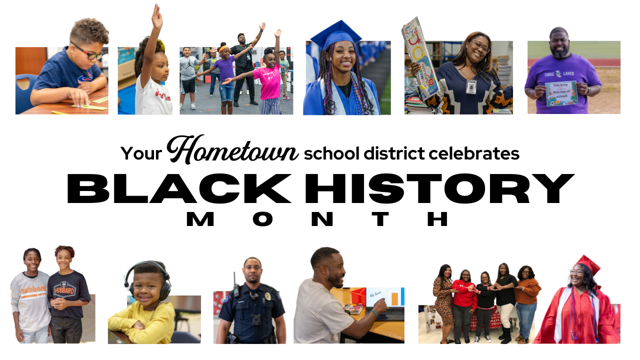 Yourhometown school district celebrates black history month - images of African American students in cap and gown, raising their hand, working at a desk