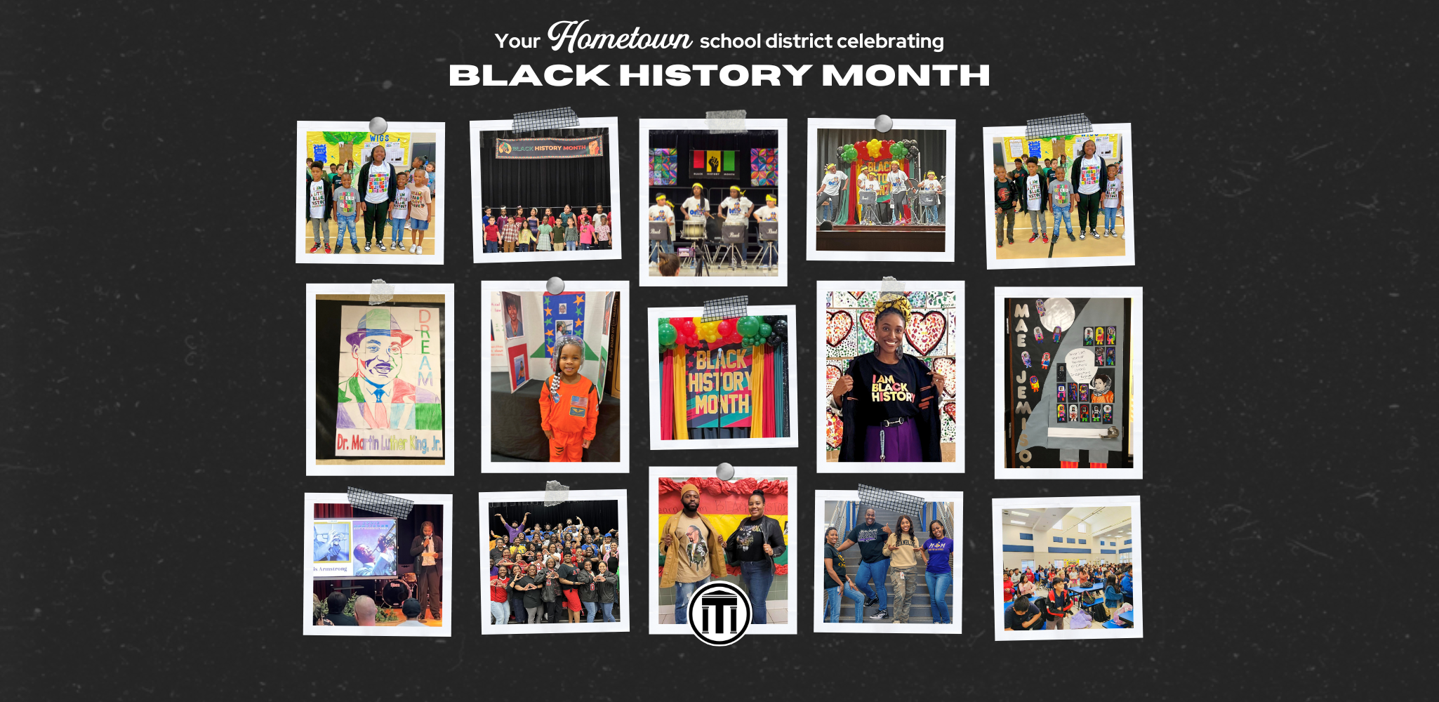 Yourhometown school district celebrates black history month - images of African American students in cap and gown, raising their hand, working at a desk