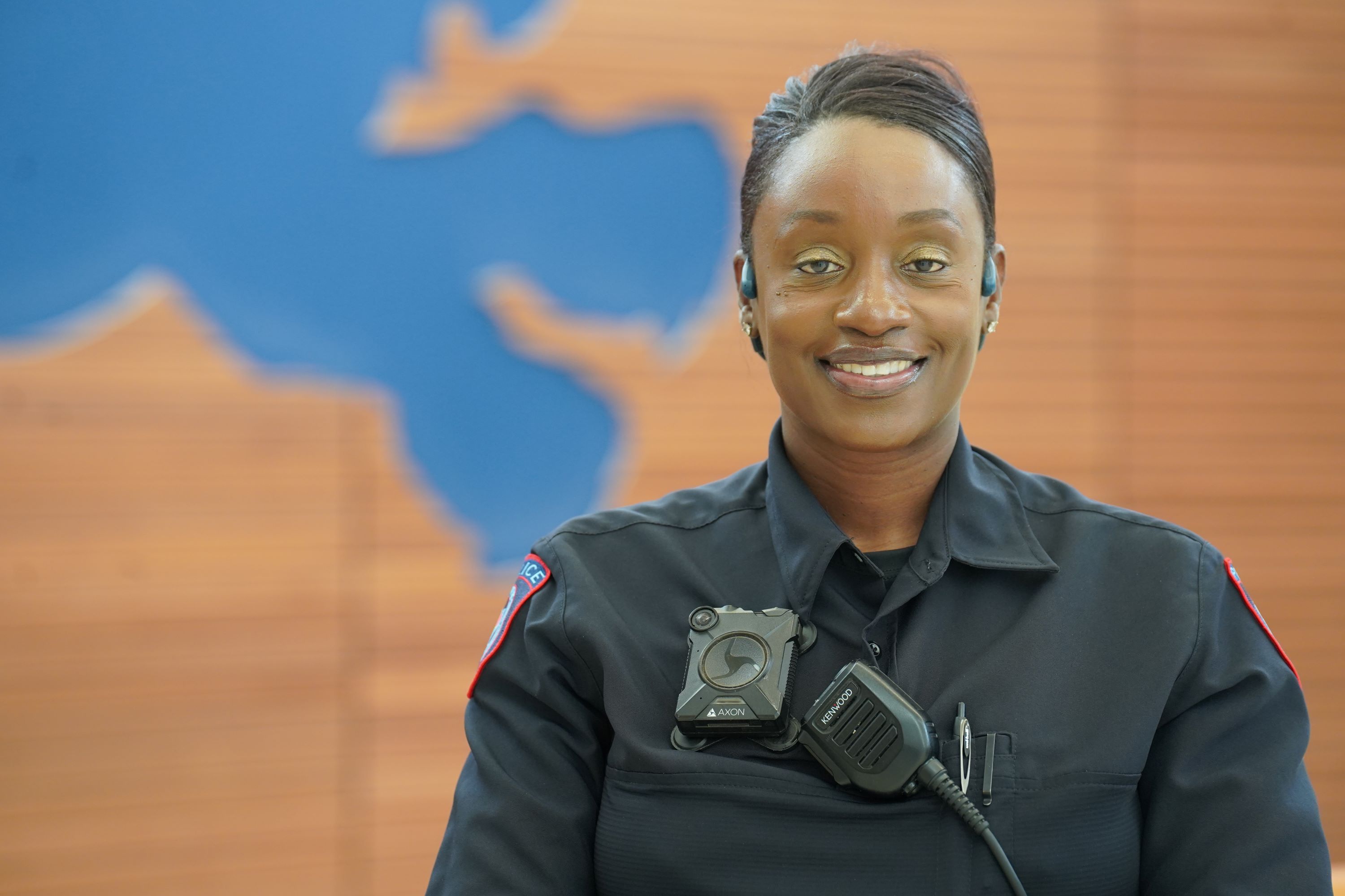 African American woman in police officer uniform