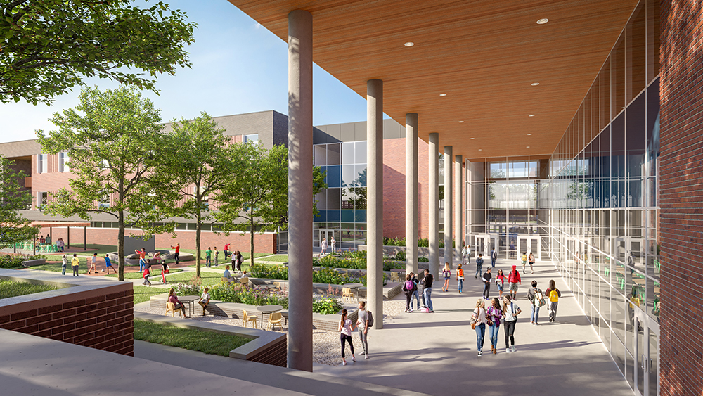 artist rendering of outside breezeway of new school - students walking, stairs, trees