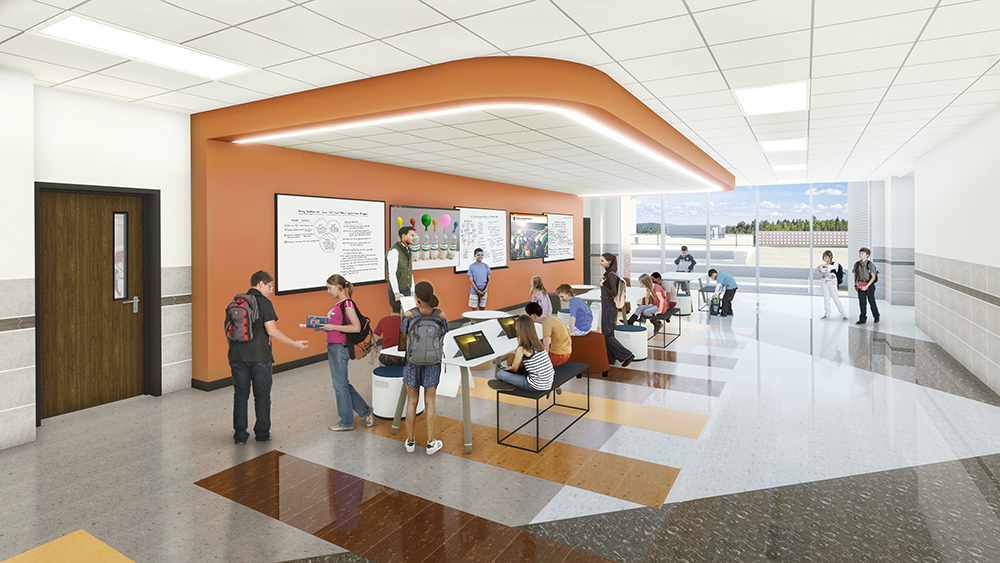 artist rendering of collaboration space - students sitting in chairs and at tables