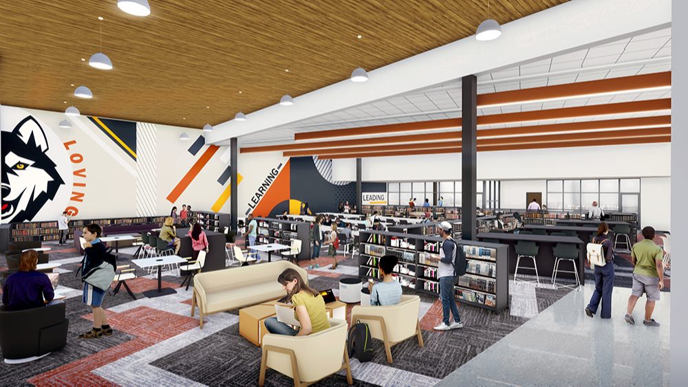 artist rendering of media center - students sitting in chairs and at tables, shelves of books