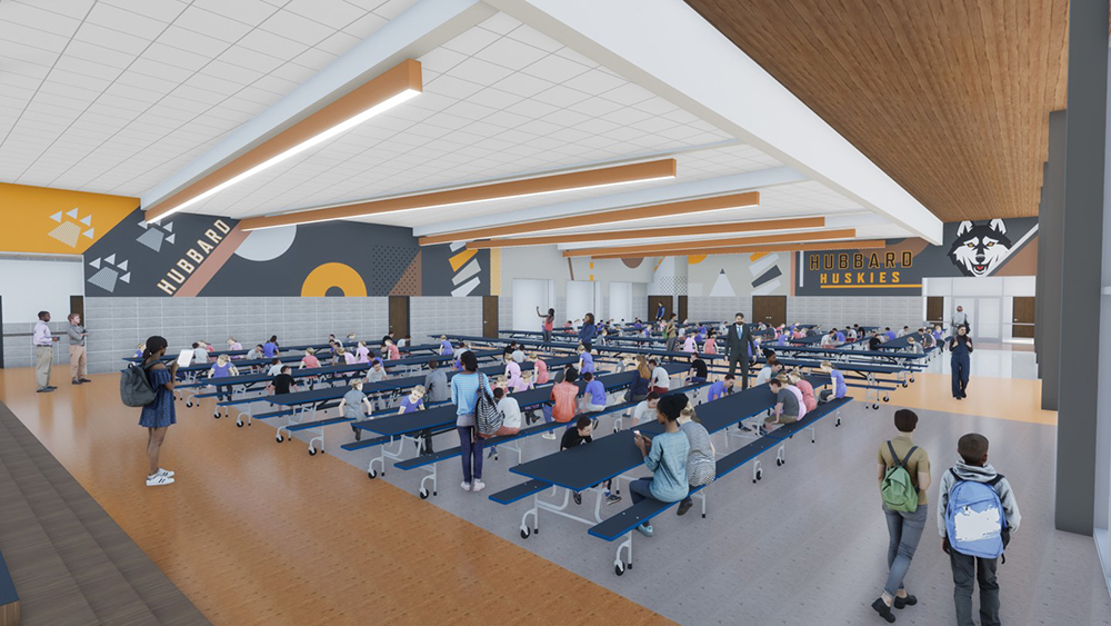 artist rendering of cafeteria - students sitting at lunch tables