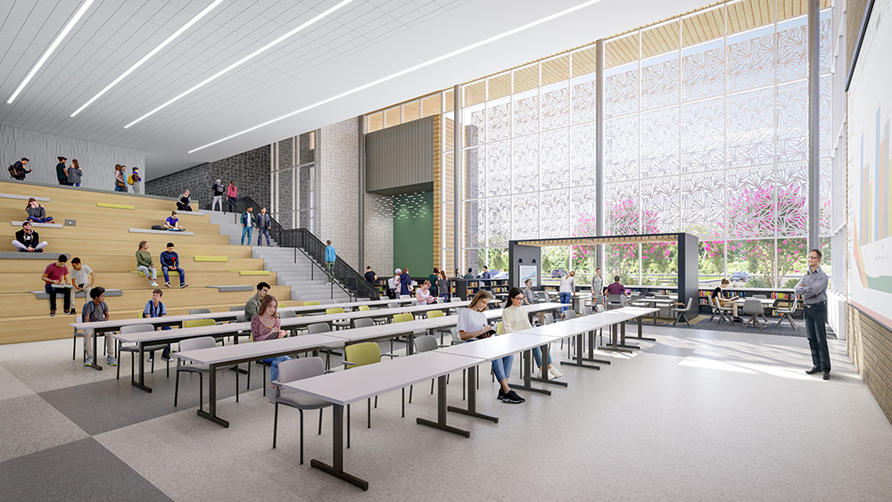 artist rendering of collaboration area - students walking and sitting in chairs