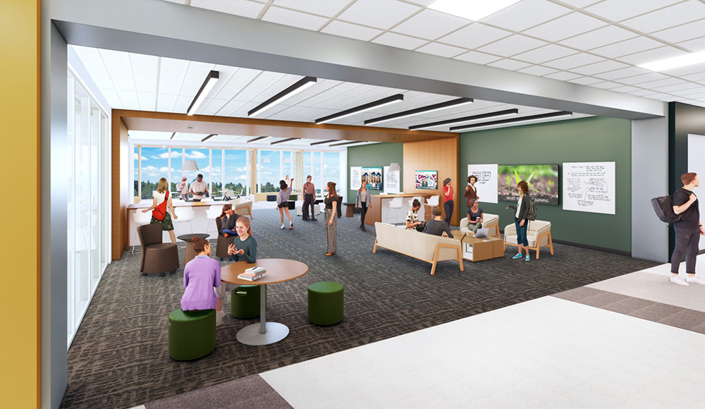 artist rendering of collaboration area - students sitting in chairs at tables