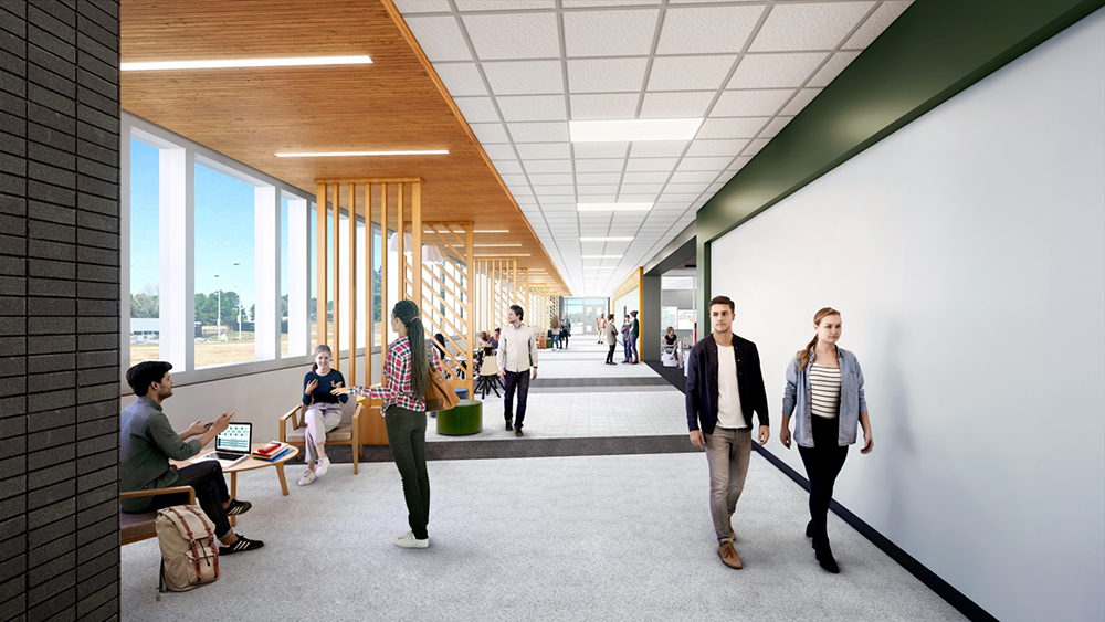 artist rendering of campus breezeway - students walking & sitting in chairs