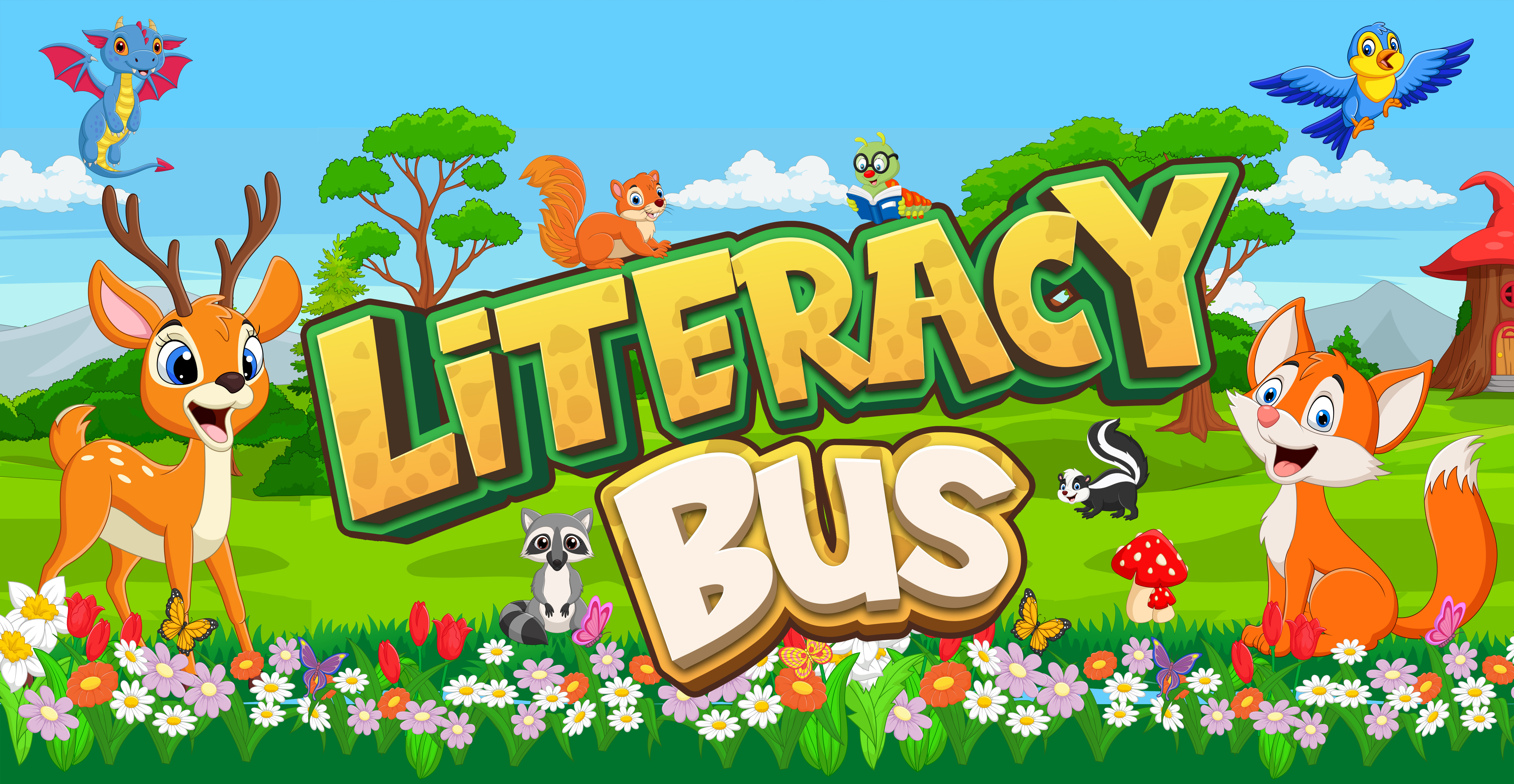 Literacy Bus - background with flowers, blue skies, deer, birds, fox, skunk