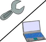 Image of a laptop and a construction tool.