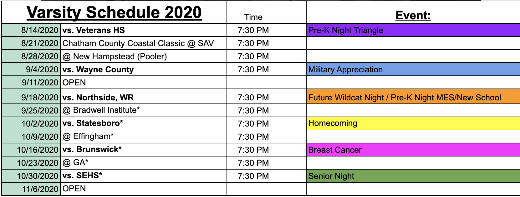 Varsity Schedule 2020