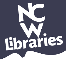 NCW libraries logo. Dark blue background with a white shadow at the bottom that looks like an open book