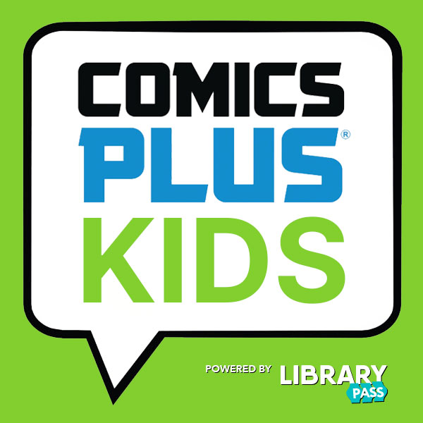 Comics Plus Kids logo. bright green background with the text in a speech bubble
