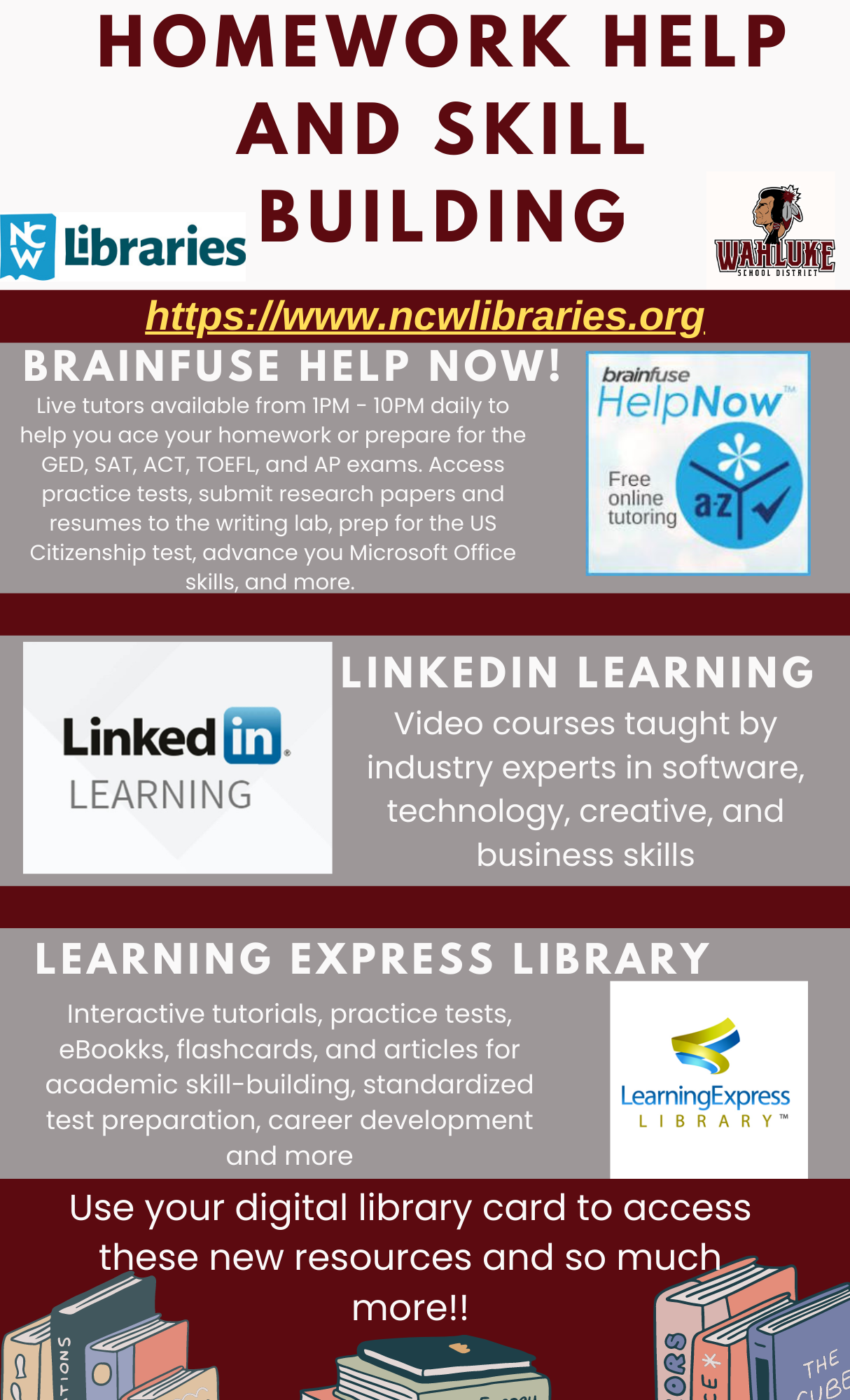 An infographic with three different ways to get help in homework and skill building. Each program has a description and the software's logo