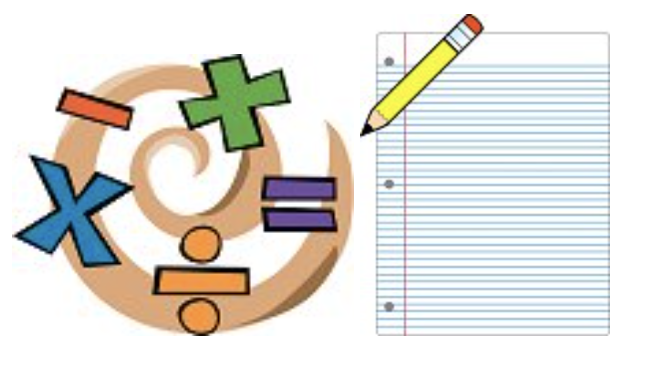 clip art of math symbols next to a pencil drawing over a blank page of paper