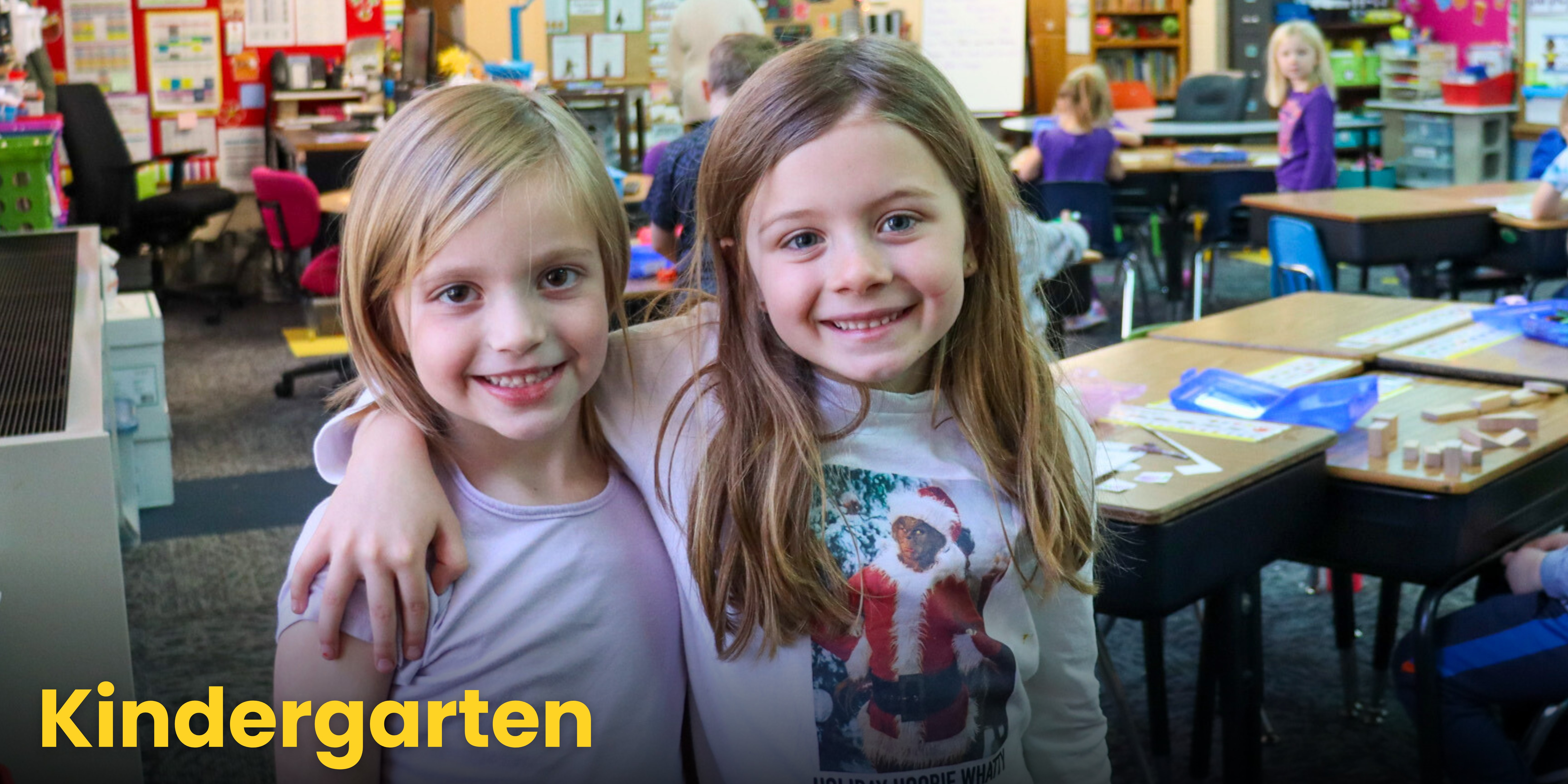 Kindergarten graphic with close-up portrait of smiling students