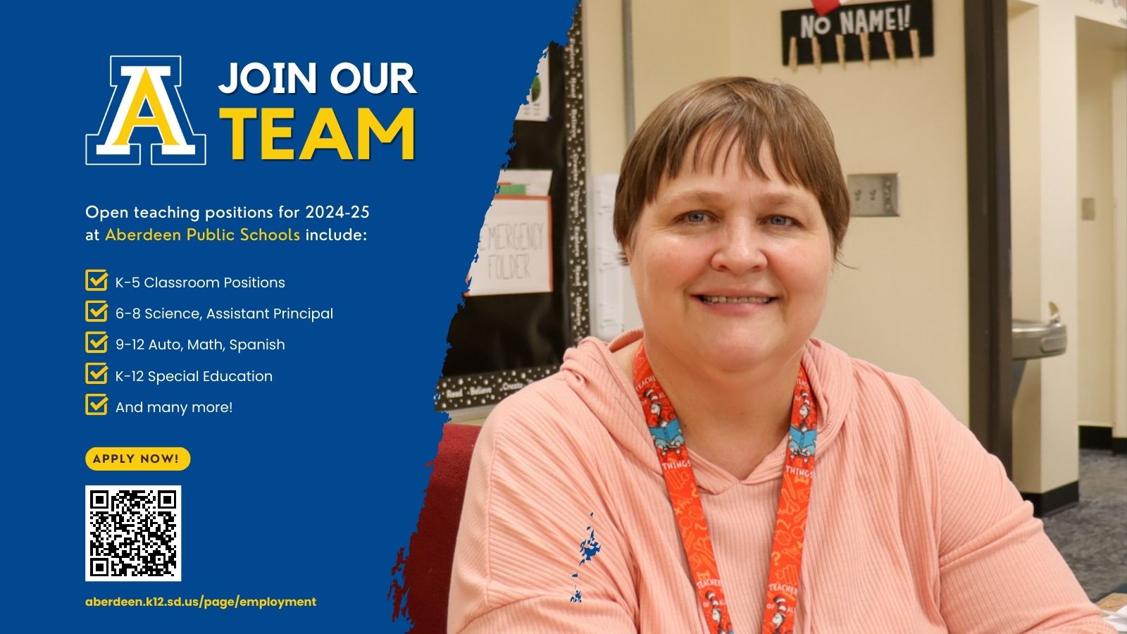 Join our team graphic with photo of teacher and teaching openings