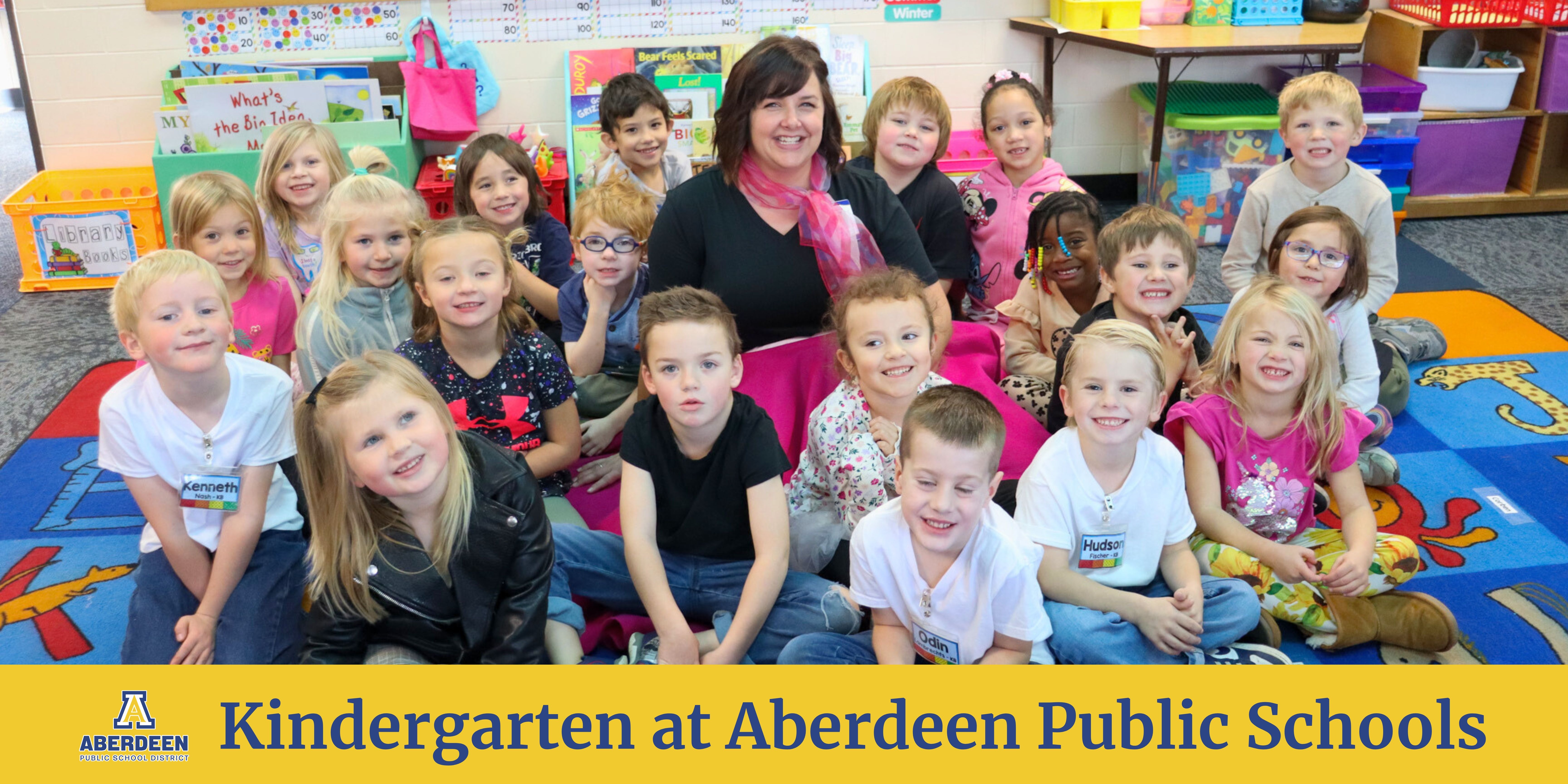 Kindergarten at Aberdeen Public Schools graphic with photo of smiling class