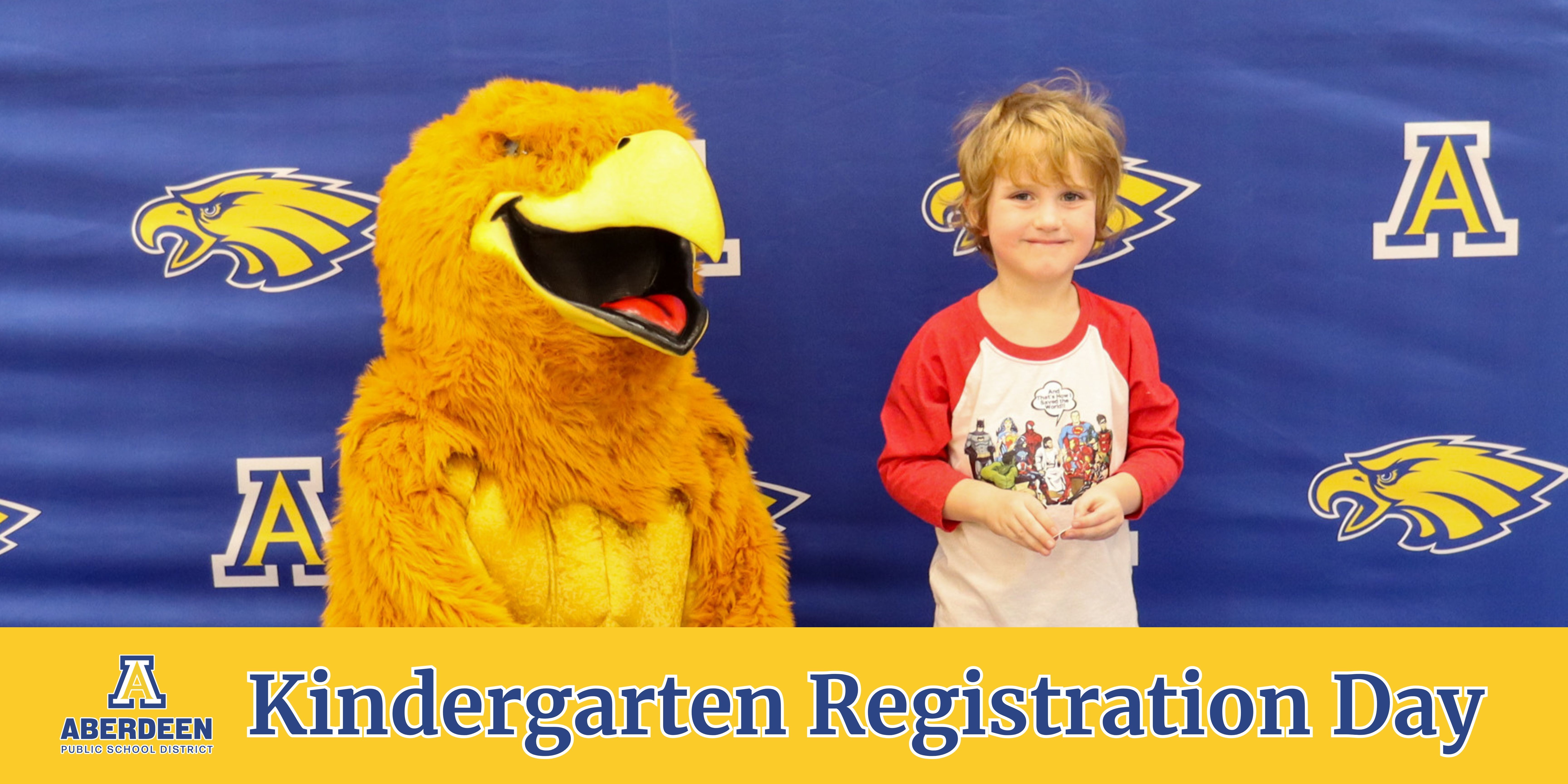 Kindergarten registration day graphic with smiling student and Golden Eagle