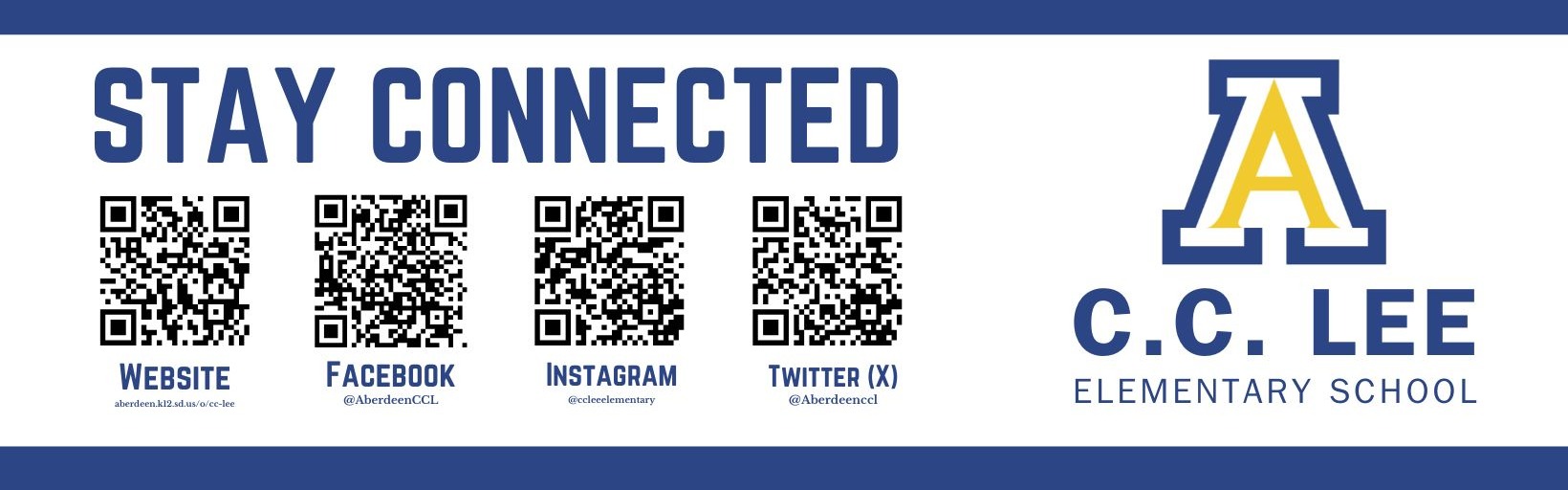 Stay Connected graphic with QR codes for CC Lee social media