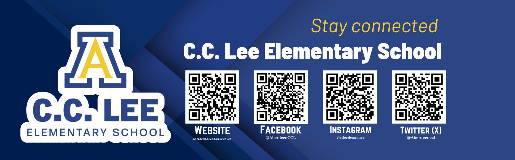 Stay Connected graphic with QR codes for CC Lee social media