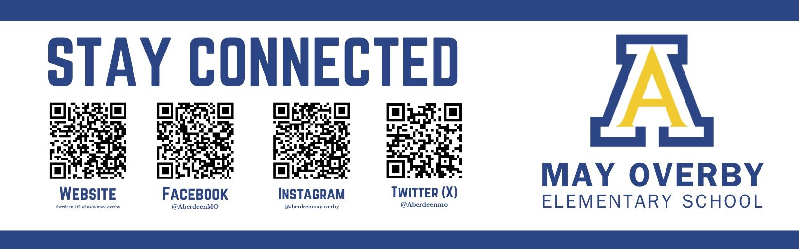 Stay Connected graphic with links to May Overby social media