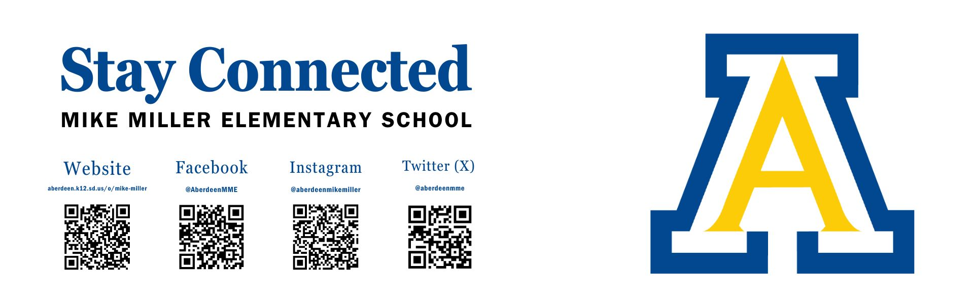 Stay Connected graphic with QR codes linking to Mike Miller Elementary social media