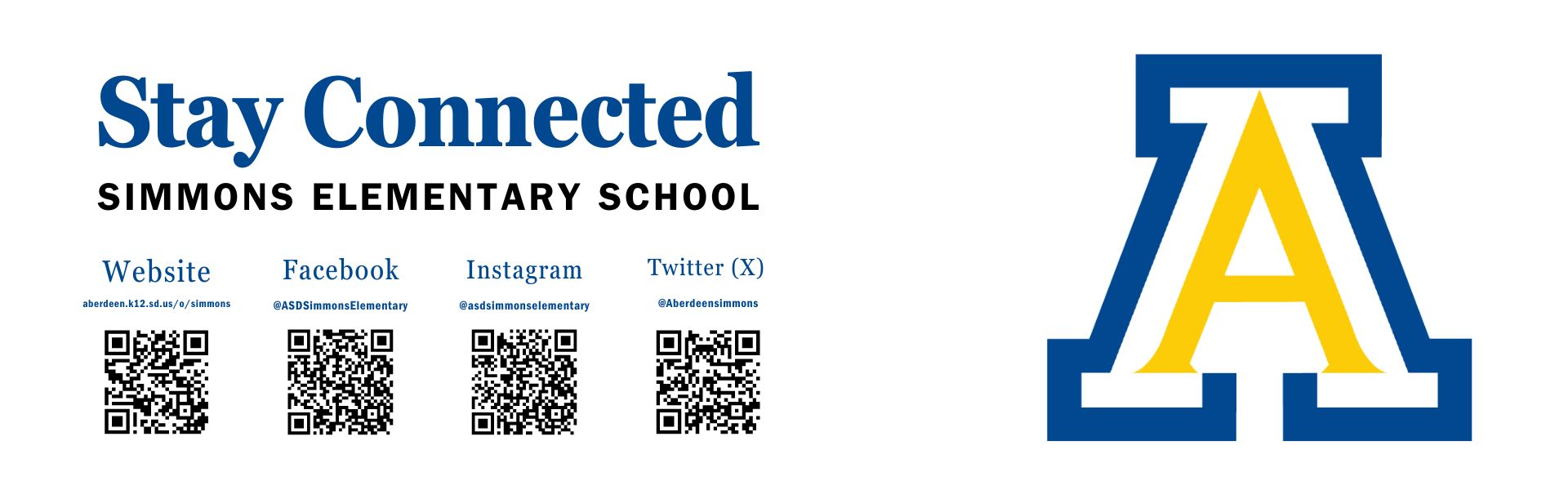 Stay Connected graphic with QR codes linking to Simmons Elementary social media