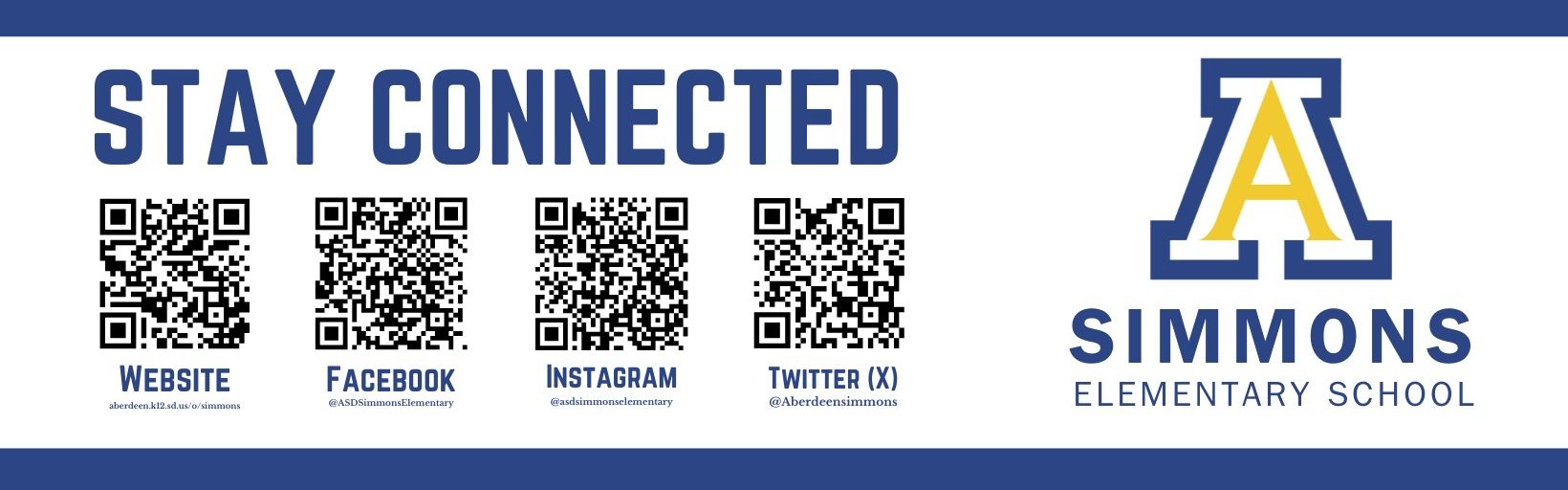 Stay Connected graphic with QR codes linking to Simmons Elementary social media